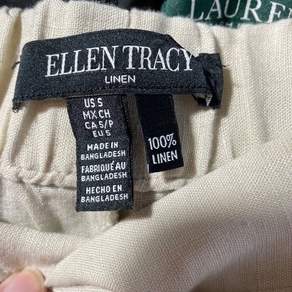 Ellen Tracy Tan Linen Cuffed Hem Belted Back‎ Elastic Waist Band Pants Trousers - Picture 4 of 6